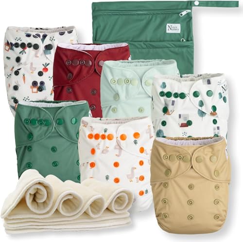 Image of Nora's Nursery Cloth Diapers 7 Pack with 7 Inserts & 1 Wet Bag - Waterproof Cover, Washable, Reusable & One Size Adjustable Pocket Diapers for Newborns and Toddlers - On The Farm