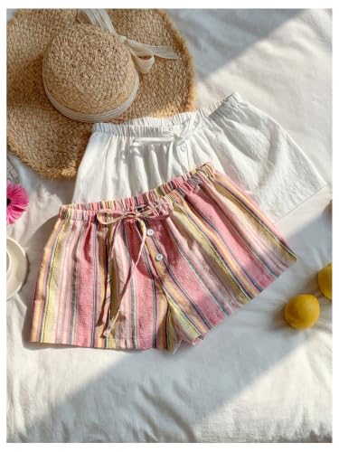 Image of MakeMeChic Women's 2 Pack Linen Shorts Striped Gingham Boxer Shorts | Summer, Beach Shorts, Cover Up, Pajama, Lounge