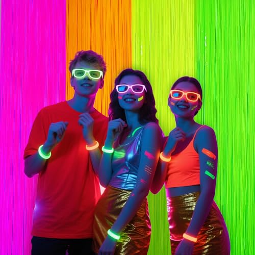 Image of Glow in The Dark Tinsel Curtains 4 Pack - Neon Party Decorations 3.3x6.6ft UV Reactive Fluorescent Macaron Backdrop for Neon, Pride, Birthday Decor, Double Colors & Quantity, Pre-Taped, Waterproof