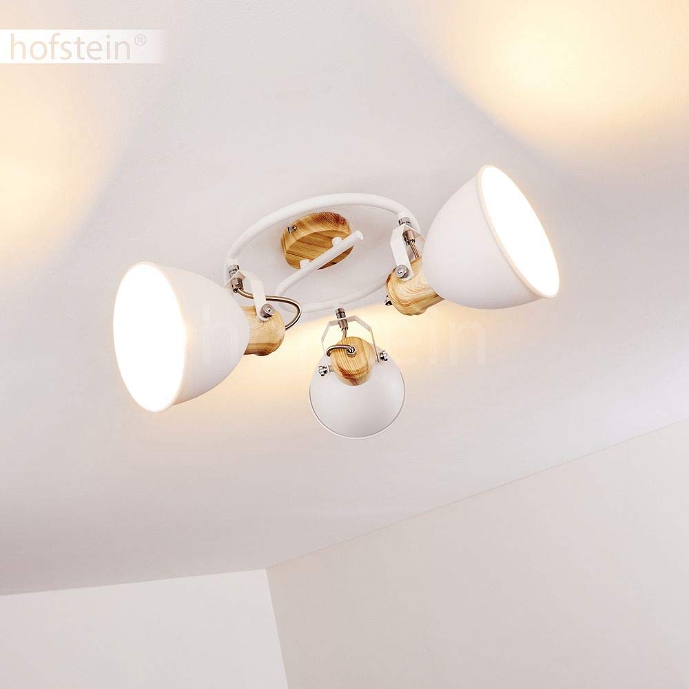 Plafoniera Banjul, plafoniera rotonda in metallo con ottica bianca/legno, a 3 luci, con faretti regolabili, 3 x attacco E27, spirale in design retrò/vintage, senza lampadina/e