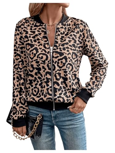 SweatyRocks Women's Leopard Print Jacket Zip Up Long Sleeve Bomber Jackets Outwear
