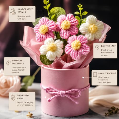 Image of Handmade Crochet Flower Bouquet with Gift Box - Pink & White Knitted Artificial Floral Arrangement, Hand Woven Yarn Flowers for Desk Decor, Car Decoration, Bedroom, Wedding
