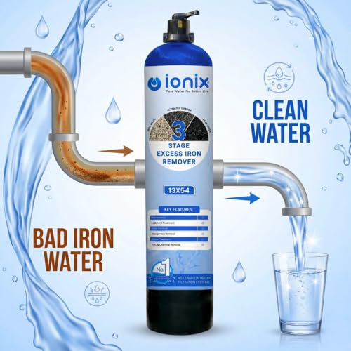 Image of Ionix Excess Iron Remover - 3-Stage Single Vessel Water Treatment System | Multiport Valve for Easy Cleaning | 13 inchx54 inch Compact Design | DIY Installation | Hard Water, Sediment, and Scaling Solution