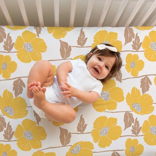 Image of Crib Sheets Neutral - Fitted Baby Crib Sheets Bed for Girl Boy - 2 Pack Standard & Toddler Mattress (Poppy Fields) - Buttery Soft Organic Cotton Blend