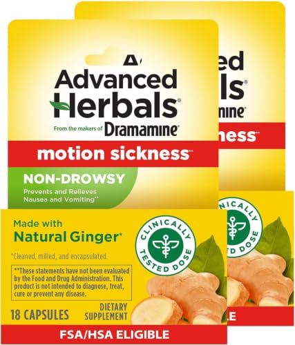 Image of from the Makers of Dramamine, Advanced Herbals with Natural Ginger, for Nausea Relief, Morning Sickness Relief & Motion Sickness Relief During Travel, 18 Capsules (Pack of 24)