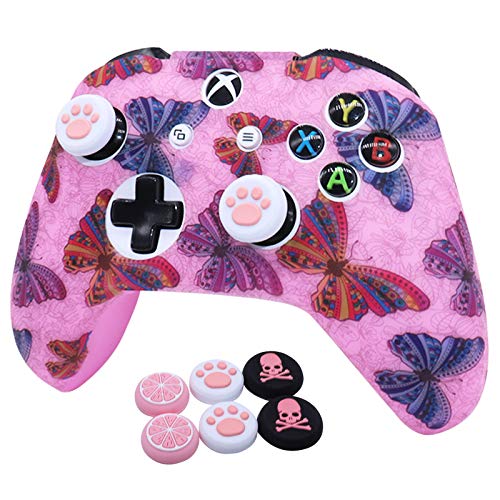 Pink Xbox One Controller Skins RALAN,Silicone Controller Cover Skin Protector Compatible for Xbox Ones Controller (Pink Pro Thumb Grip x 4, Skull Cap &Cover Grip x 2)(Butterfly Pink)