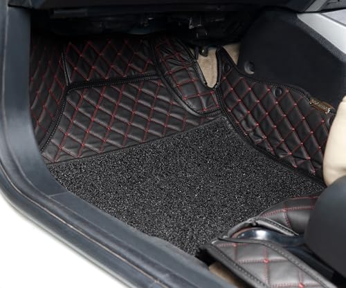 Image of Autofurnish Luxury 7D Car Mat Full Set for Mahindra XUV700 (6 Seater) 2024 || Luxury Leather Dual-Stitch Full Set 7D Car Floor Mat || 100% Waterproof || Color : Black Red
