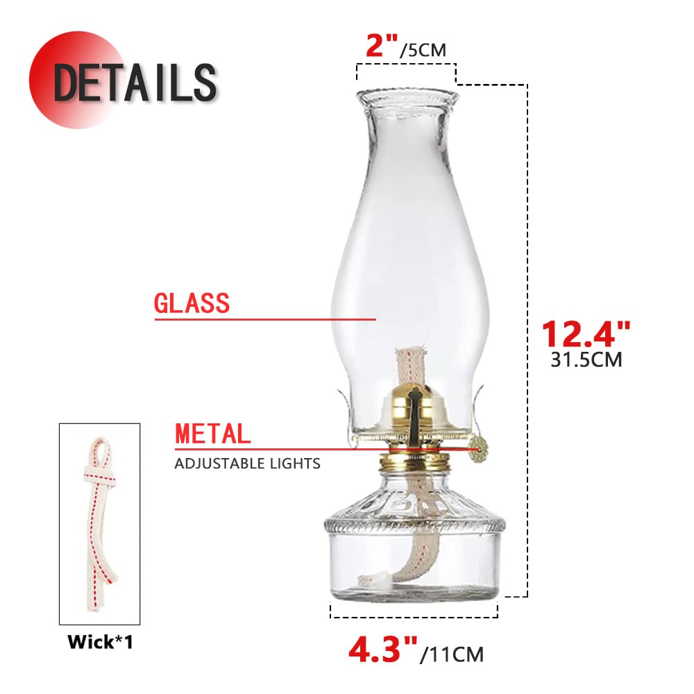 RIIGOOG Oil Lamps for Indoor Use Crystal Glass Kerosene Lamp Nostalgia Oil Lantern with Wick Kerosene Burner Adjustable Light Hurricane Light 12.4