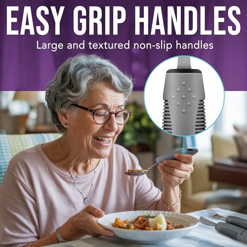 BUNMO Adaptive Utensils for Elderly, Arthritis, Weak Hand Grip & Handicapped - 4 Piece Set - Convenient Travel Pouch - Lightweight - Arthritis Gifts for Seniors Over 80 - Gifts for Disabled Adults - Image 4