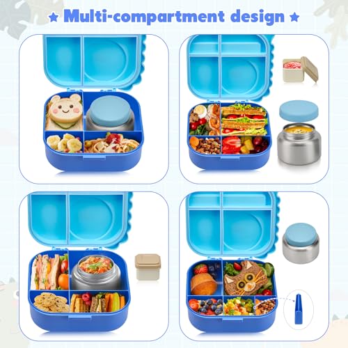 Image of Pawtong Bento Lunch Box with Thermo, 4-Compartment Bento Box with Adjustable Dividers, Leakproof Dinosaur Lunch Box with 14.2OZ Insulated Food Jar & Sauce Jar, for School Office Travel (Blue)
