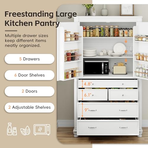 Image of Ball & Cast 77″Tall Freestanding Kitchen Pantry Cabinet with 5 Drawers,43 inch W Versatile Farmhouse Pantry Storage Cabinet w /Adjustable Shelves and 6 Door Shelves,for Kitchen and Dining Room,White