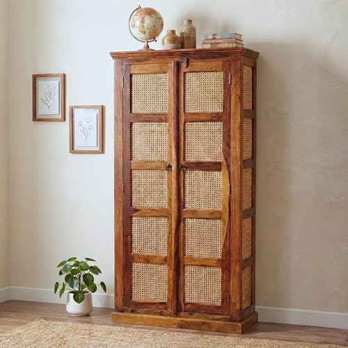 Image of Modern Furniture Boho Sheesham Wooden Crockery Cabinet with Door | Solid Wood Multipurpose Storage Cabinets for Living Room Home & Kitchen | Book Shelf Wooden - Natural Finish