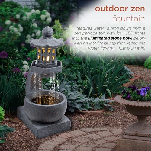 Image of Alpine Corporation DIG370 31 inch Outdoor Zen Pagoda Water Fountain with LED Lights & Illuminated Stone Bowl - Tranquil Garden Water Feature for Relaxation and Ambiance, Gray