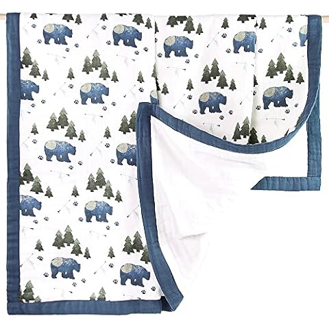 AENNE BABY, 4-Layer Muslin Toddler Crib Blanket for Boys Woodland, Warm and Hypoallergenic Blankie for New Born, Extra Soft Wrap for Infants, Cute Tribal Bear Green Boho Print, Large 47"x 47", 1 Pack Cover