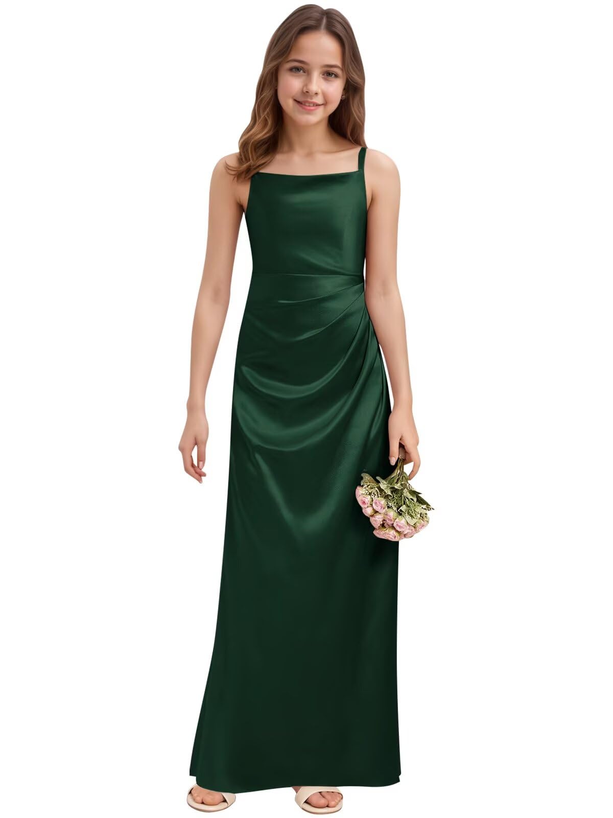 Silk Satin Junior Bridesmaid Dresses for Wedding A-Line Straps Pleated Sleeveless Long Flower Girl Dress