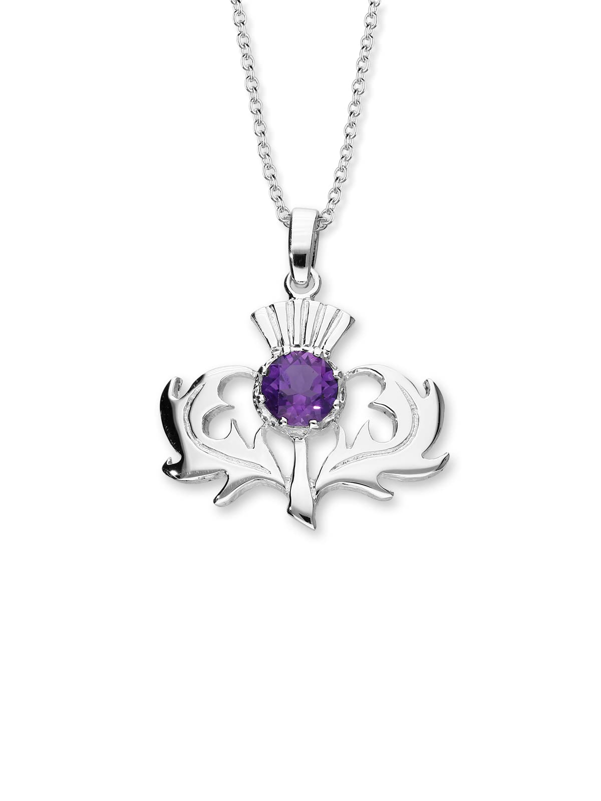 ORTAK 925 Sterling Silver Handmade Pendant Necklace In Traditional Thistle Design With Natural Gemstone Amethyst Scottish Fine Jewellery Made in Scotland