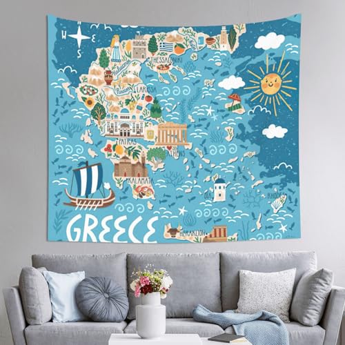 Tapiz de mapa de Grecia para dormitorio, manta artística de 152 x 130 cm marca JEJEA