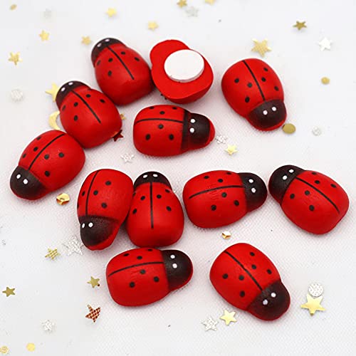 AKOAK 100 Pcs Mini Wooden Ladybug, Self-Adhesive Painted Ladybug, Miniature Landscape Plant Decoration for DIY Craft, Scrapbooking, Garden, Home Decor