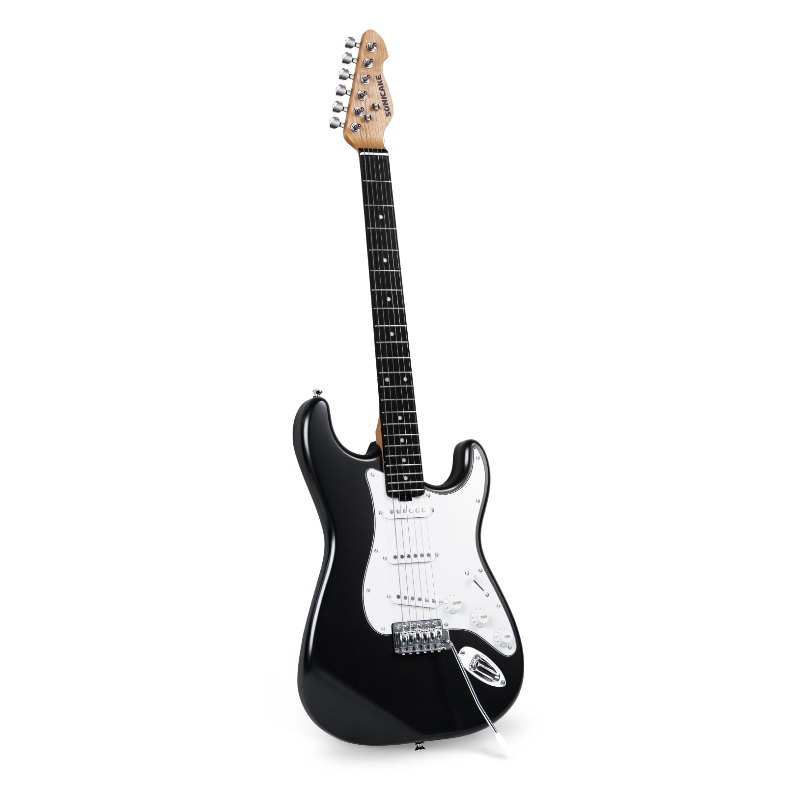 SONICAKE Chitarra Elettrica 39" Full-Size con Pickup Classici SSS, Corpo Leggero, Ponte Tremolo, Tasti Arrotondati e Truss Rod Regolabile QGT-10 (Nero)