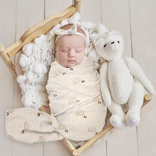 lulumoon Baby Muslin Swaddle Blankets: Soft Receiving Blanket for Newborn - Cotton Swaddling Blanket for Neutral 3Pack(Rainbow Khaiki)