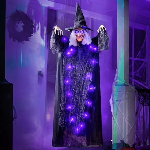 JOYIN 72” Hanging Witch Decoration with Light-up Eyes and Sound Activation Function Animated Talking Witch for Halloween Decorations Haunted House Prop Décor, Outdoor Indoor Hanging Decorations Scary