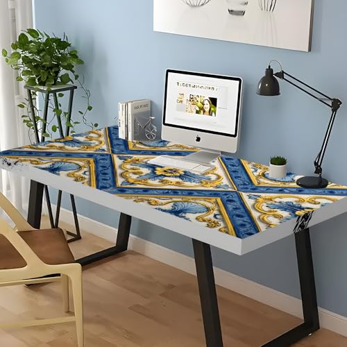 Image of Vintage Blue Yellow Tile Pattern Desk Sticker, Mediterranean Floral Desktop Decor, Waterproof Table Surface Protector for Home Office, 39.37x23.62 Inch