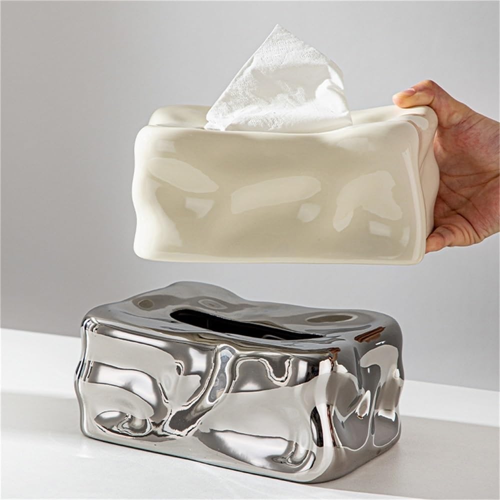 Porta fazzoletti in ceramica irregolare, copertura decorativa lucida for l'home office(Silver)