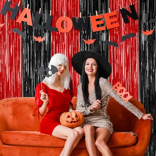 Image of ZATAYE 8 Pack Black Red Halloween Foil Curtain Streamer Decorations | Black Red, Metallic Foil, 3.28 x 7.05 FT, Tinsel Backdrop, Foil Curtain Streamer, Halloween Party