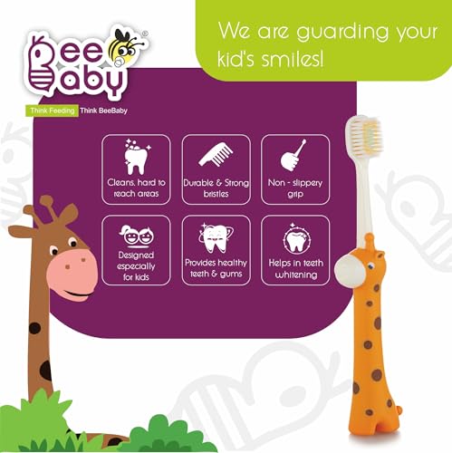 Image of BeeBaby Brush Buddy Baby Toothbrush for Kids 3-6 Years, Ultra Soft Tapered Bristles Toddler Toothbrush for Milk & Permanent Teeth, BPA Free Easy Grip Toothbrush for Sensitive Gums - Orange Giraffe
