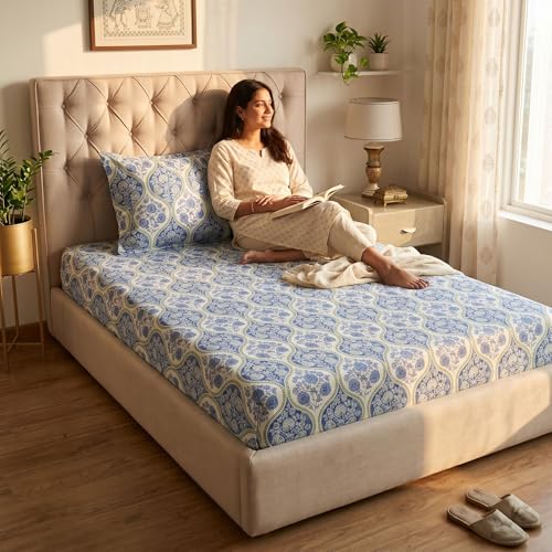 Image of Mafatlal Grace Soft Touch Single Bedsheet | 186 TC | 60x90 Inch | Breathable Cotton with Matching Pillow Cover | Royal Blue