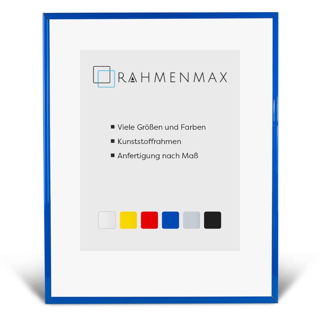 RahmenMax Texas - Cornice portafoto in plastica blu con vetro acrilico trasparente, 84 x 67 cm, sfondo bianco, formato a scelta
