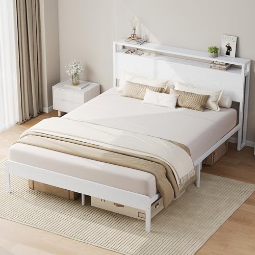 Image of LIKIMIO Full Bed Frame with Headboard, Wood Camas Full with Strong Supports, Sturdy, Noise-Free, No Box Spring Needed, White