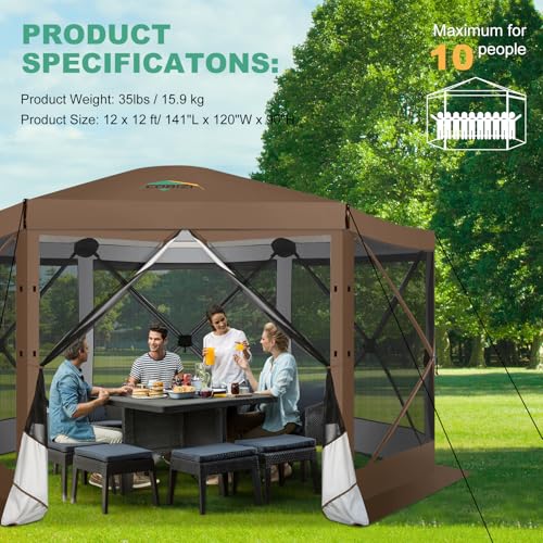 Image of COBIZI 12x12 FT Pop Up Canopy Extendable Tent, Gazebos On Clearance With Removable Roof, Screened In Gazebo,Screen Tents Portable carpas para patio for Outdoor Camping,Backyard, Garden,Brown(Upgraded)