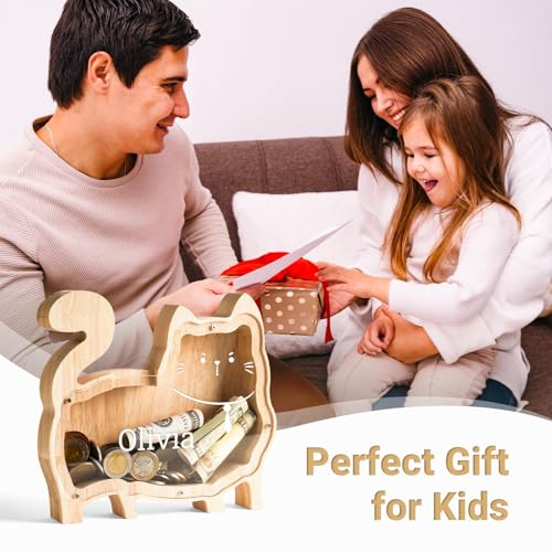 Image of Personalized Wooden Cat Piggy Coin Banks for Kids Name