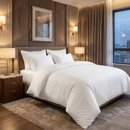 Image of LINENWALAS Cotton 300 Thread Count Double Size Bedsheet Set | 2 cm Sateen Stripe Design | Cloud-Soft, Breathable & Skin-Safe | Oeko-TEX Certified Hotel-Style Bedding (90 x 100, White)