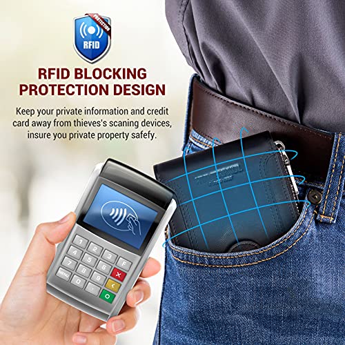 Image of Men's Leather Wallet with RFID Blocking - Bifold Zipper Wallet with Coin Pocket & 14 Card Slots (Black)