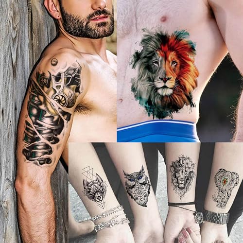 Bilizar 56 Sheets Watercolor Owl Tiger Lion Temporary Tattoos For Women Men Body Art Arm Thigh, 3D Long Lasting Realistic Fake Tattoo Sleeve Sticker For Adults, Wolf Fox Leopard Bulk Temp Tatoos Decal