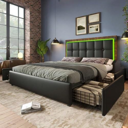 Polsterbett 140x200 cm mit höhenverstellbarem Kopfteil & LED - Schwarz PU mit 4 Schubladen - Funktionsbett inkl. Matratze – Bild 7