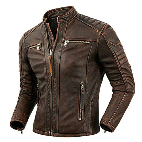 Men's Real Cowhide Biker Cafe Racer Slim Fit Vintage Leather Jacket