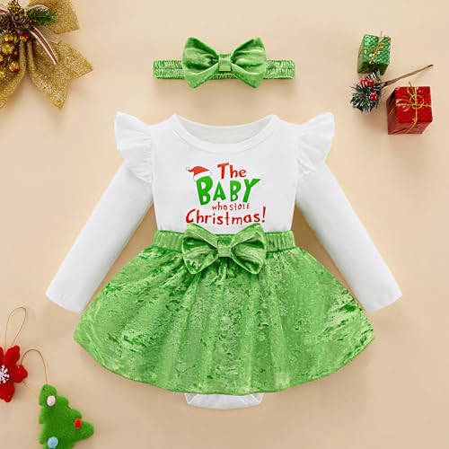 Newborn Baby Girl Christmas Outfit Infant Velvet Ruffle Long Sleeve Romper Dress + Headband Clothes Set 0-18 Months2