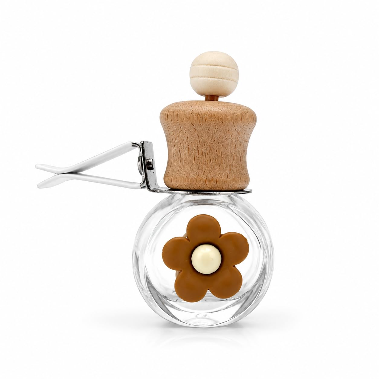 RKPM HOMES Car Air Freshener Perfume Glass Bottle with Brown Flower-Shaped Wooden Cap & Air Vent Clip, Refillable Essential Oil Diffuser Bottle for Car AC Vent, Home & Bathroom-image-25