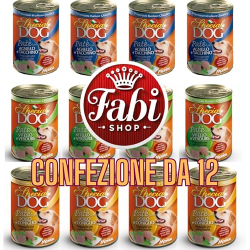 MONGE SPECIAL DOG PATÉ DA 400 GR. CANE ADULTO - CIBO PER CANI - (12 Pezzi, Pollo/Coniglio, Vitello/Ortaggi, Agnello)