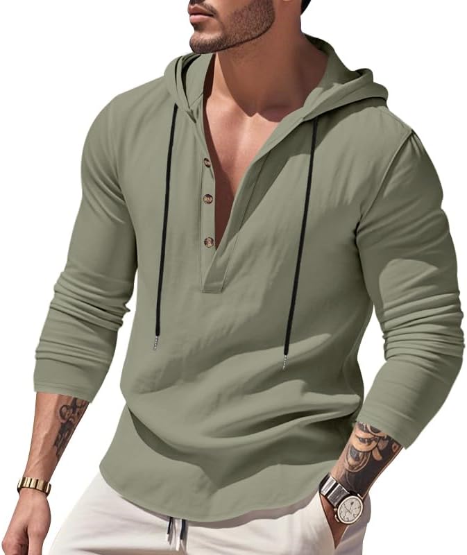 Mens Cotton Linen Hoodies Long Sleeve Button Down Shirts Casual Hawaiian Beach Yoga Sweatshirts - Image 2