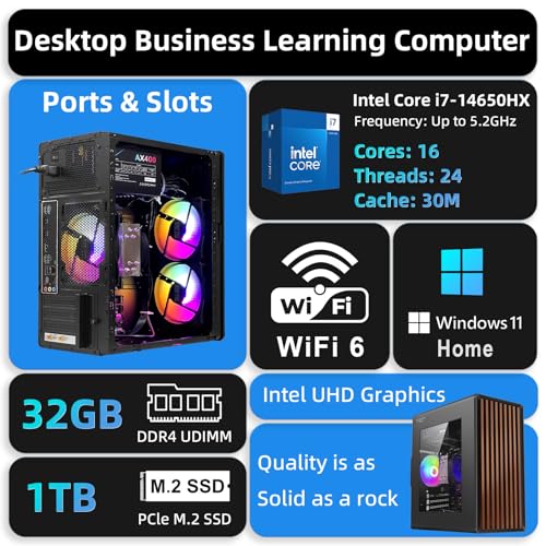 Image of Tower Business Desktop Computer PC - Intel 14th Generation Core i7-14650HX,16GB DDR4 3200 RAM, 1TB M.2 NVME SSD,Windows 11 Home,WiFi 5.0,HDMI,RJ-45,Wired Keyboard & Mouse.