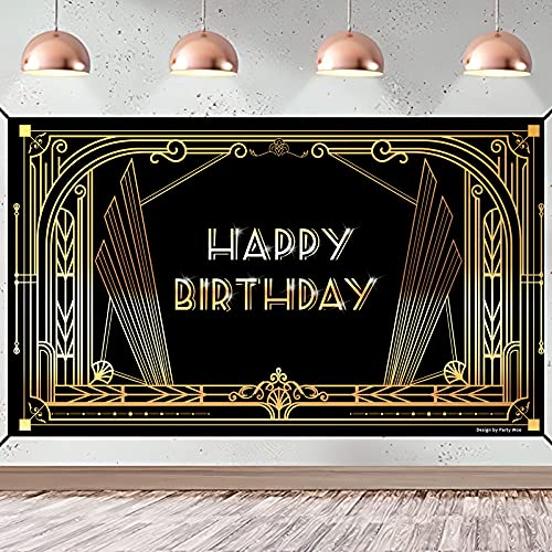 PartyWoo Happy Birthday Backdrop, 72.9x43.3 inch Party Backdrop, Birthday Backdrop for Women, Birthday Party Decorations, Black and Gold Party Decorations, Party Supplies, Black and Gold Backdrop