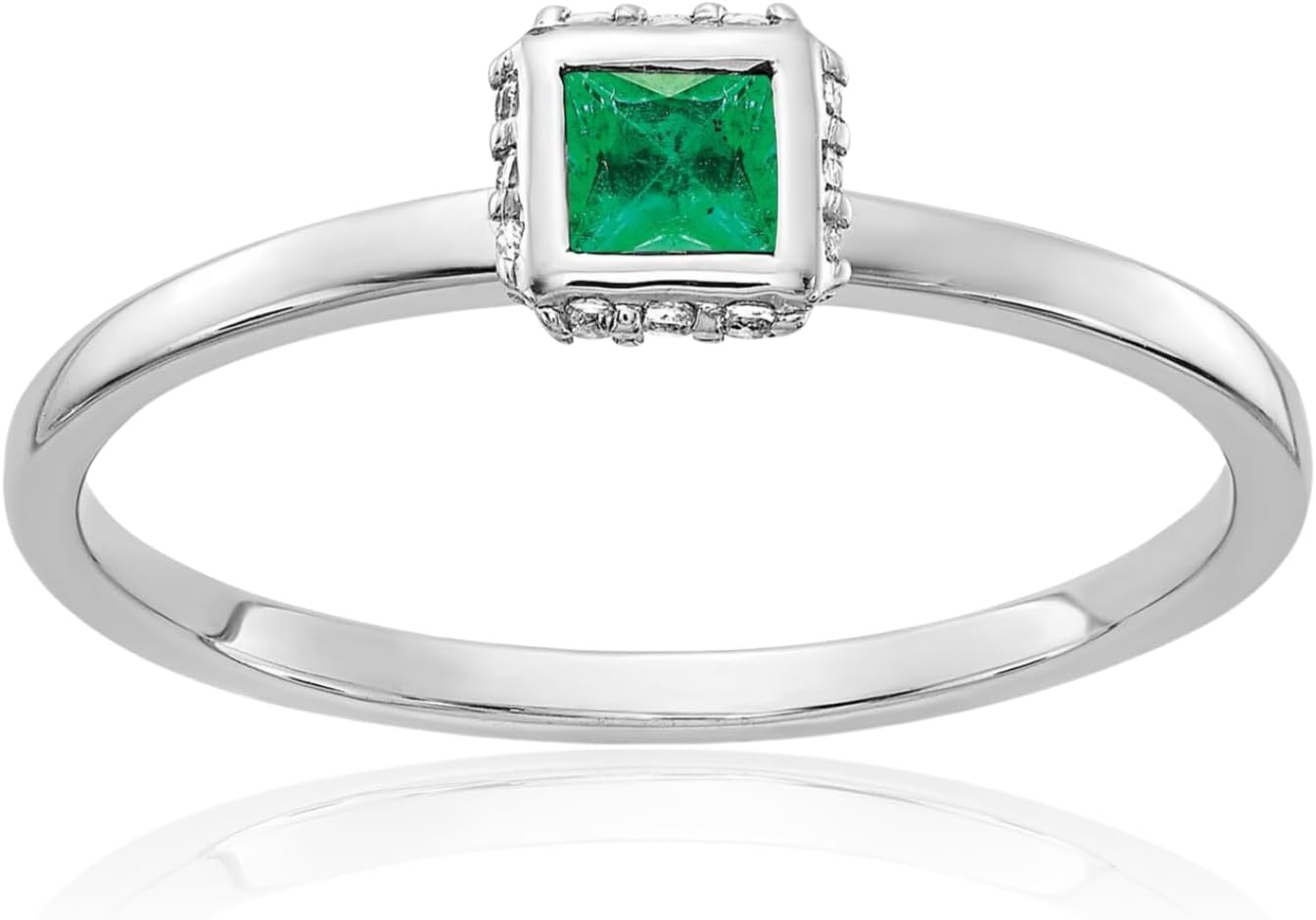 IceCarats 14K Solid White Gold 0.15 carat Green Emerald Diamond Square Stackable Solitaire Ring 2mm Slim Band Princess Cut, Natural, Prong Set