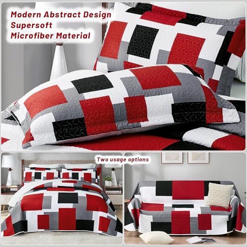 Image of Tyrot 3 Piece Red Black Grey Quilts King Size Red White Gray Bedding Set | Lightweight Bedspread, Geometric Coverlet with 2 Sham, Modern Abstract Soft Microfiber, Bed Cover for All Season, 106''x96''