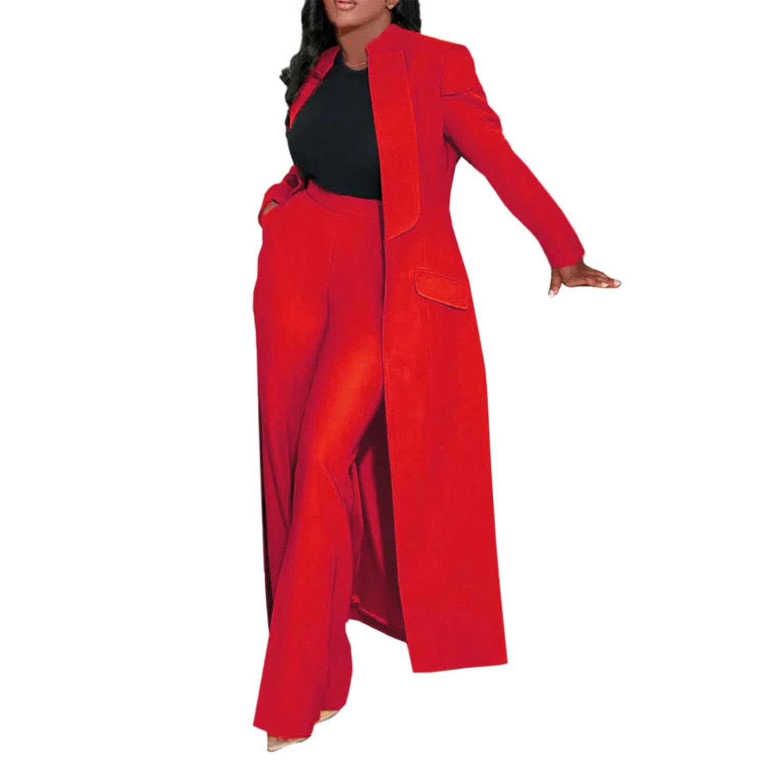 Womens Two Piece Business Casual Long Lapel Blazer Jackets High Waisted Straight Leg Pants Suits Set