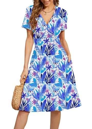 Image of WEACZZY Women's Summer Short Sleeve Casual Dresses V-Neck Floral Party Dress with Pockets