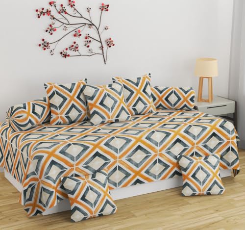 Image of Pure Cotton Designer Printed Standard 6 Pieces Diwan Set Bedsheet Covers (1 Single Bedsheet, 2 Bolster Covers, 3 Cushion Covers, Multicolor Beige and Dark Grey)